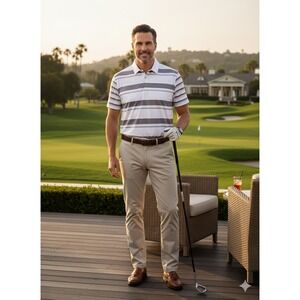 Ben Sherman Striped White Grey 3‎ Button Tech Jersey Golf Sport Men's XL